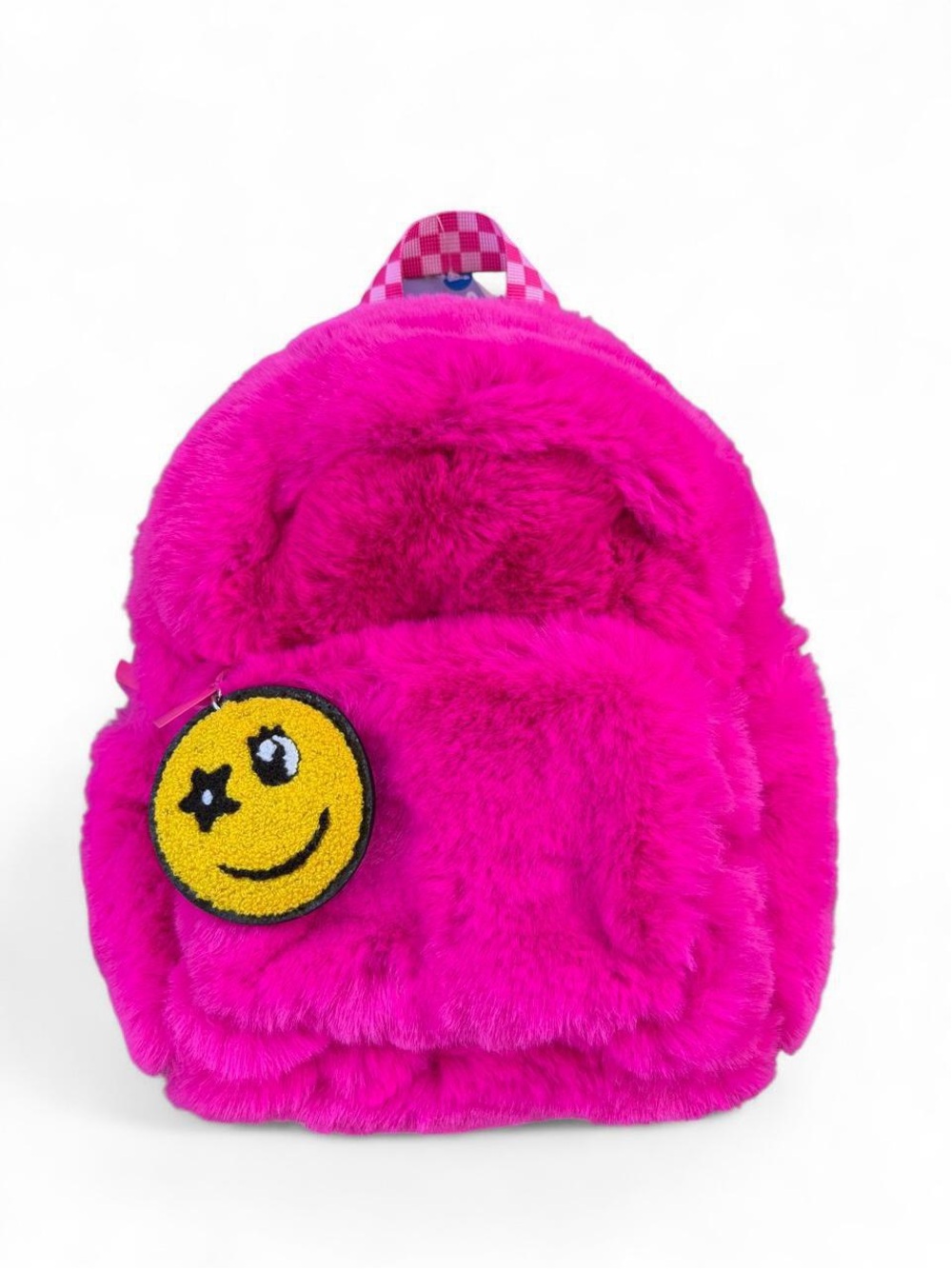Claire's Plush Hot Pink Kids Backpack with Yellow Smiley Patch